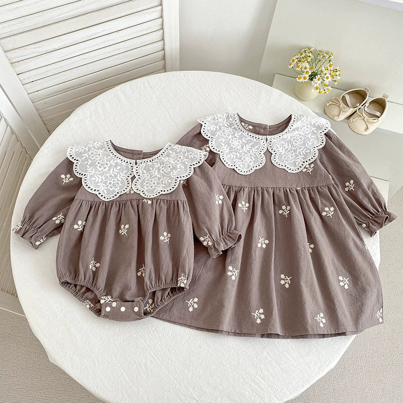 Autumn Baby Girls Floral Embroidery Pattern Long-sleeved Onesies and Dress – Princess Sister Matching Set-1