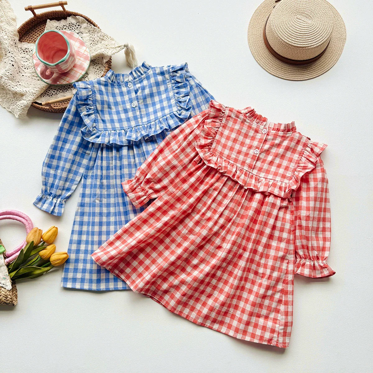 Arrival Autumn Girls Plaid Pattern Long Sleeves Ruffle Neck Dress-3