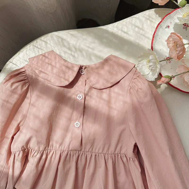 Arrival Autumn Girls Flowers Embroidery Pattern Long Sleeves Pink Dress-2