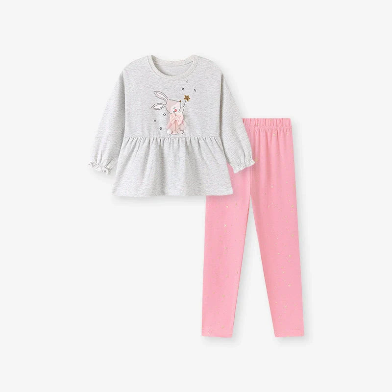 Spring and Autumn Girls Animals Cartoon Pattern Long Sleeves Top and Pink Pants Clothing Set-1