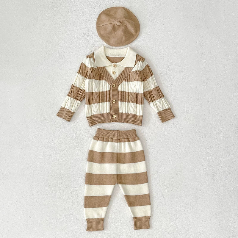 Arrival Autumn Baby Unisex Long Sleeves Striped Pattern Knitted Top Cardigan and Long Trousers Clothing Set-2
