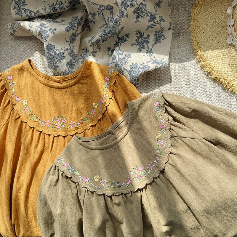 Arrival Autumn Girls Flowers Embroidery Pattern Long Sleeves Dress-4