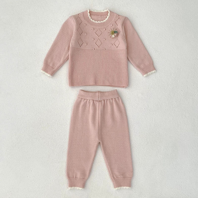 Arrival Autumn Baby Girls Long Sleeves Geometric Pattern Knitted Top Sweater and Long Trousers Clothing Set-2