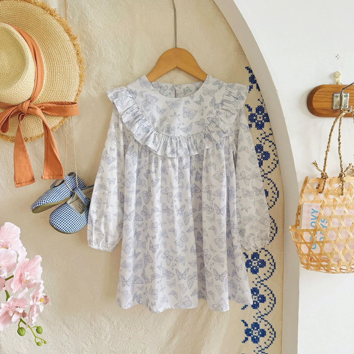 Arrival Autumn Girls Blue Butterfly Pattern Long Sleeves Dress-2