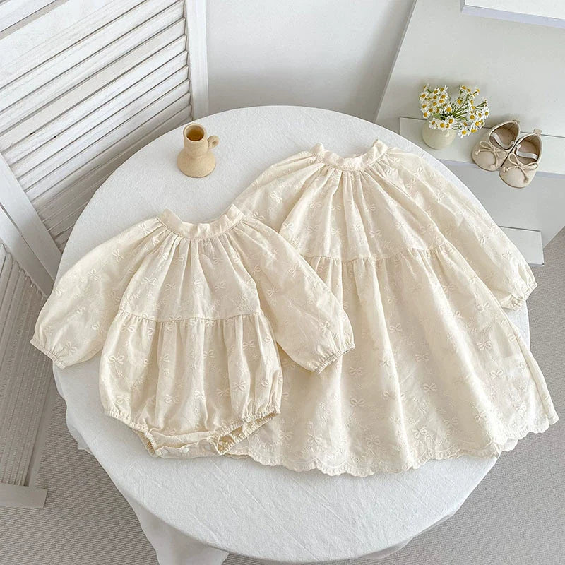 Autumn Baby Girls Butterfly-bows Pattern Embroidered Long-sleeved Onesies and Dress – Princess Sister Matching Set-3