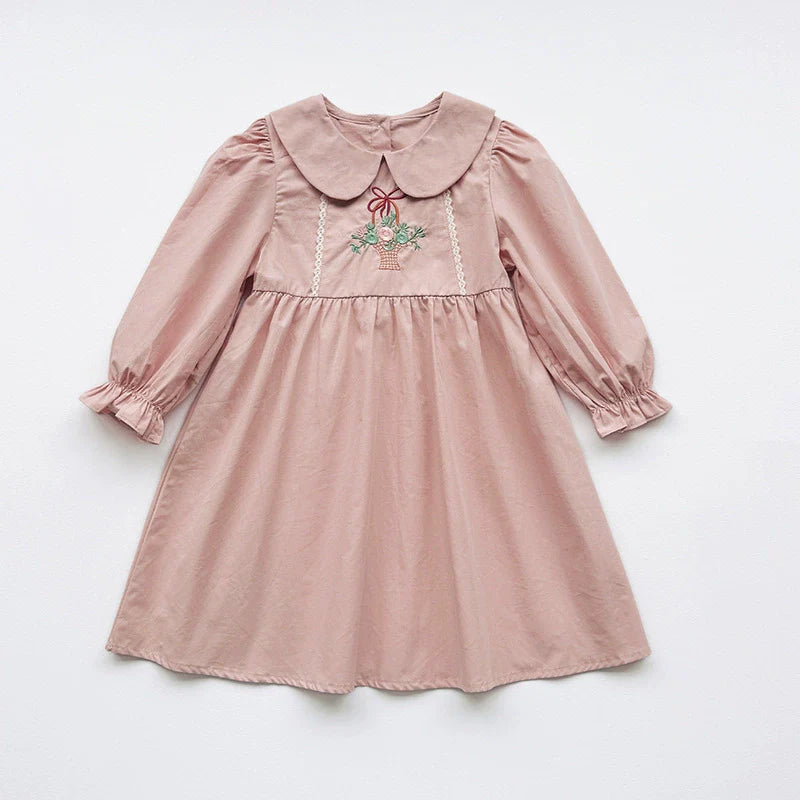 Arrival Autumn Girls Flowers Embroidery Pattern Long Sleeves Pink Dress-3