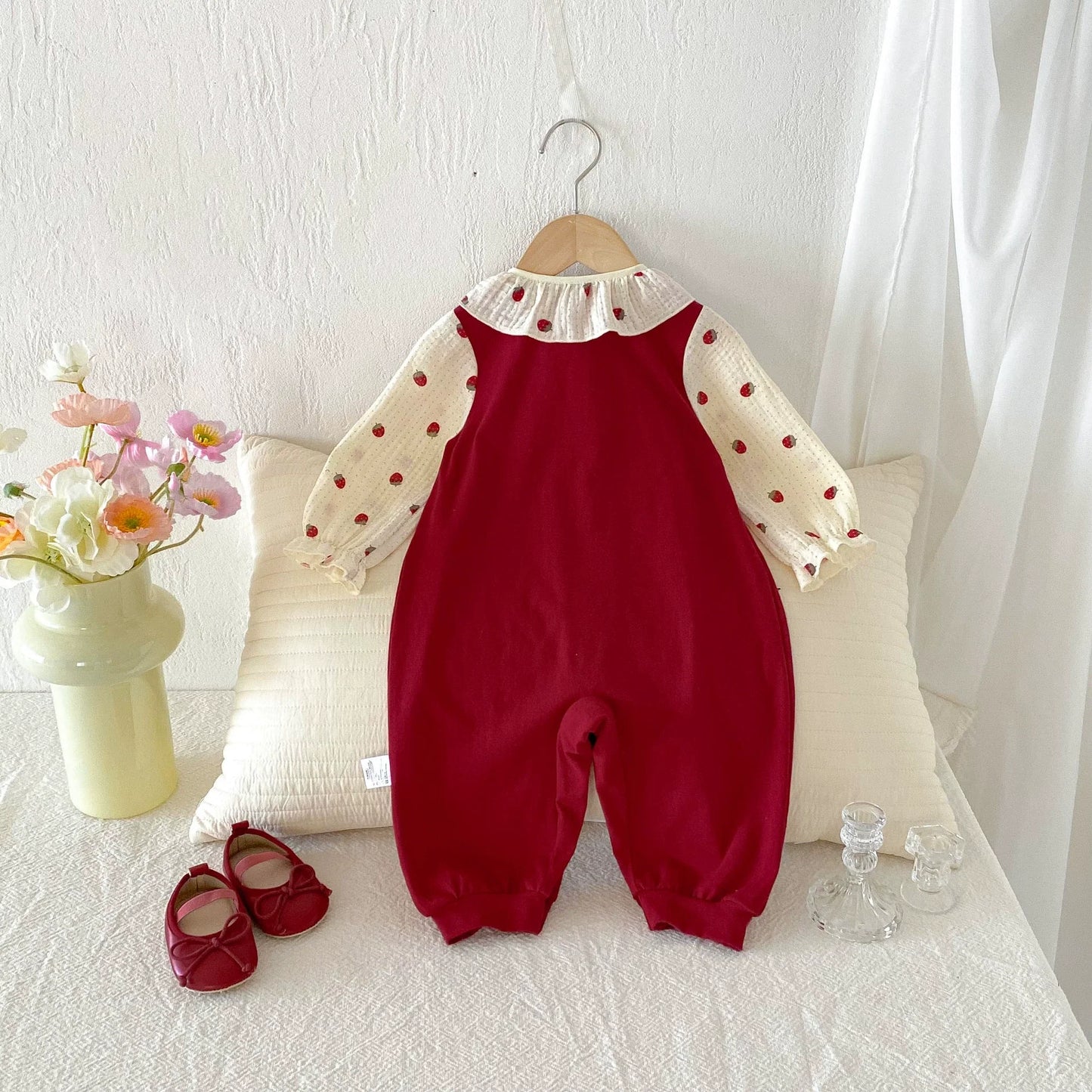 Autumn Hot Selling Baby Girls Long Sleeves Red Strawberry Pattern Color Patchwork Rompers-2