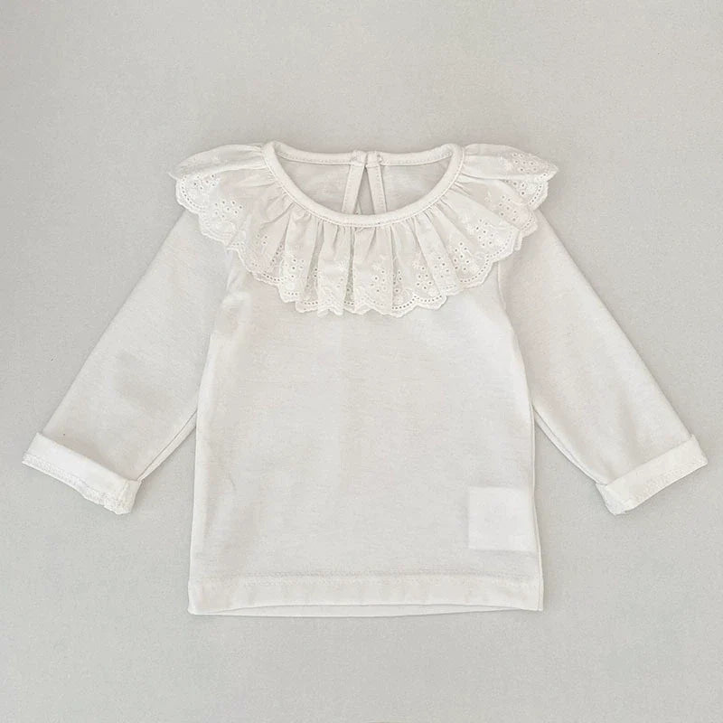 Autumn Arrival Baby Unisex Casual Thin White Long Sleeves Top with Flowers Pattern Collar-3