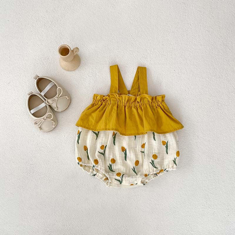 Summer Arrival Baby Girls Sleeveless Flowers Pattern Color Patchwork Strap Onesie-1