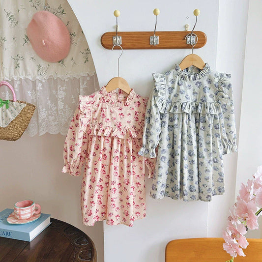 Arrival Autumn Girls Vintage Floral Pattern Long Sleeves Ruffle Neck Dress-0