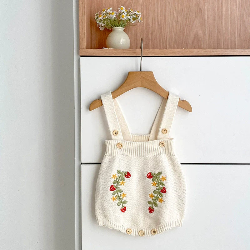 Autumn Arrival Baby Girls Knitted Flowers and Strawberry Embroidered Pattern Strap Onesies-0
