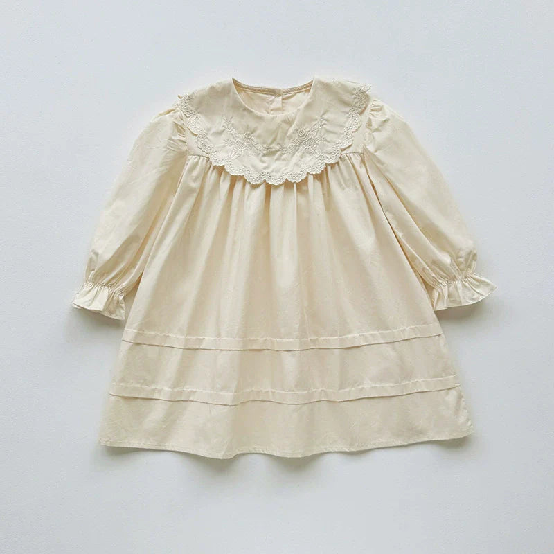 Arrival Autumn Girls Solid Color Flowers Embroidery Pattern Long Sleeves Dress-1