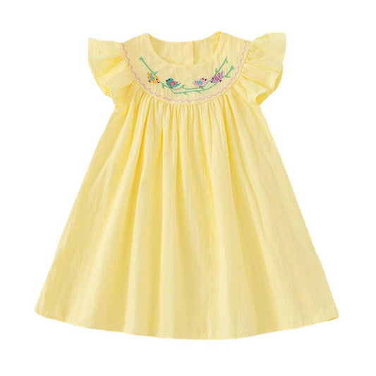 Summer Baby Kids Girls Sleeveless Birds Embroidery Yellow Dress