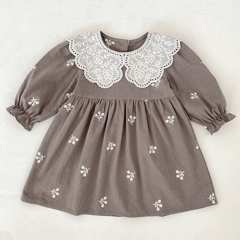 Autumn Baby Girls Floral Embroidery Pattern Long-sleeved Onesies and Dress – Princess Sister Matching Set-3