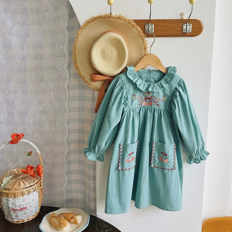 Arrival Autumn Girls Flowers and Cherry Embroidery Pattern Long Sleeves Dress-0