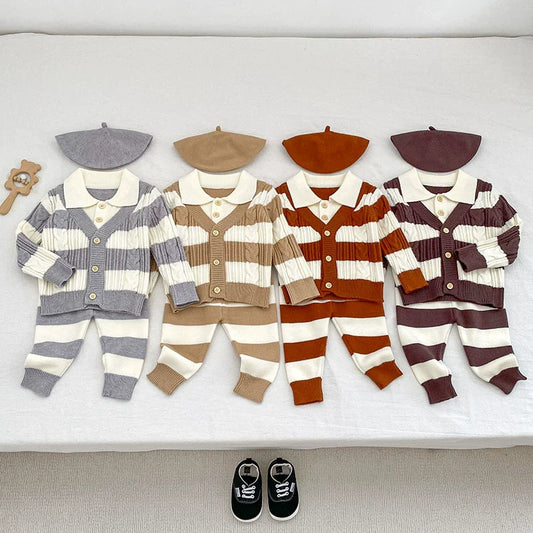 Arrival Autumn Baby Unisex Long Sleeves Striped Pattern Knitted Top Cardigan and Long Trousers Clothing Set-0