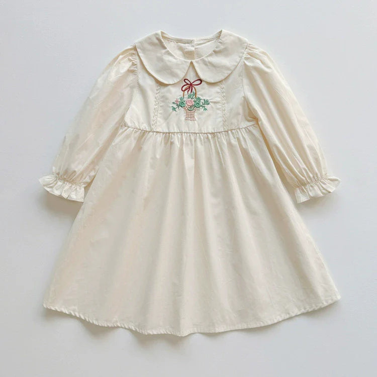 Arrival Autumn Girls Flowers Embroidery Pattern Long Sleeves Pink Dress-4