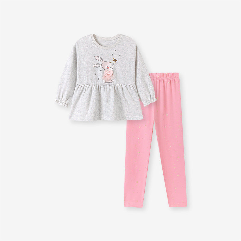 Spring and Autumn Girls Animals Cartoon Pattern Long Sleeves Top and Pink Pants Clothing Set-4