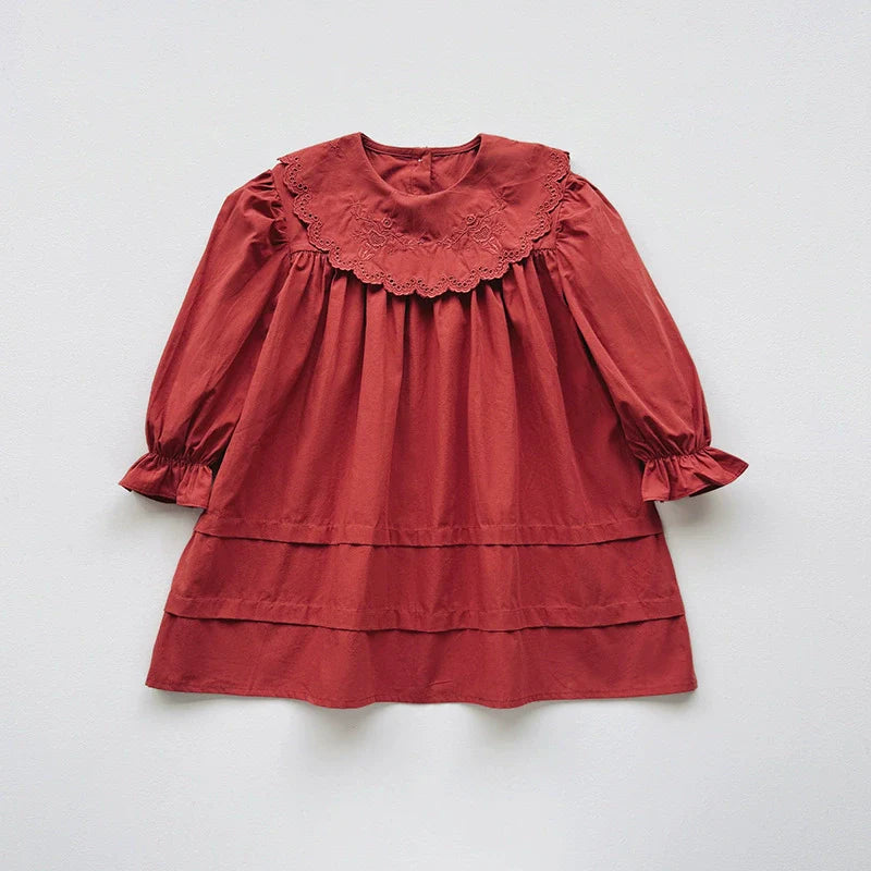 Arrival Autumn Girls Solid Color Flowers Embroidery Pattern Long Sleeves Dress-2