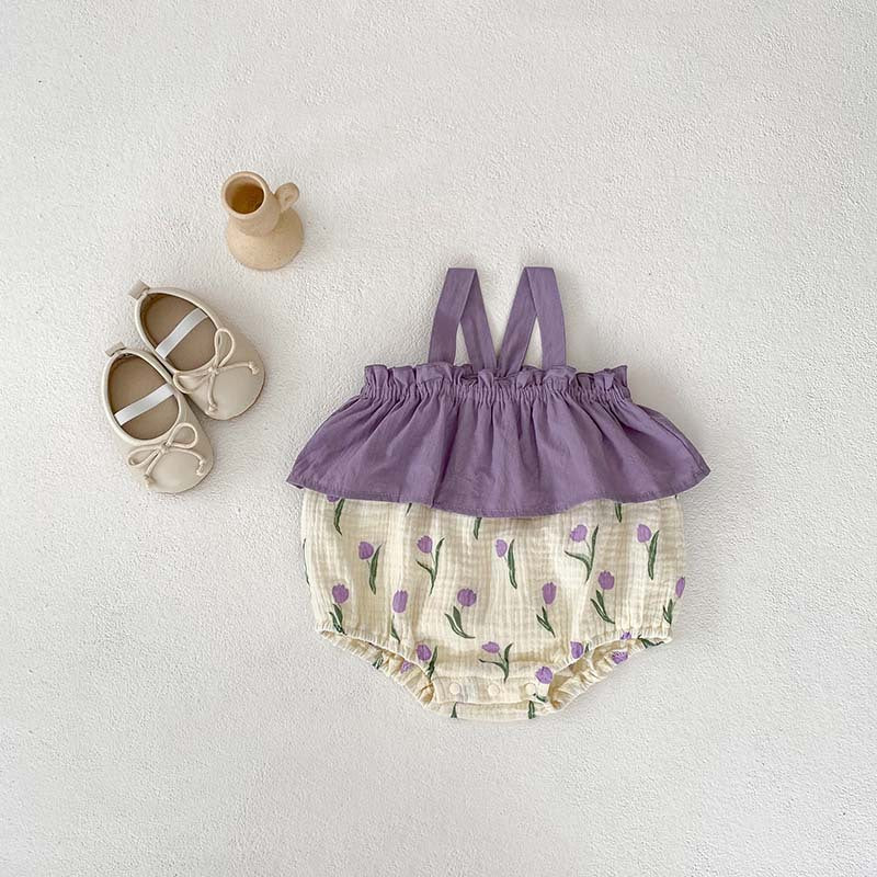 Summer Arrival Baby Girls Sleeveless Flowers Pattern Color Patchwork Strap Onesie-2