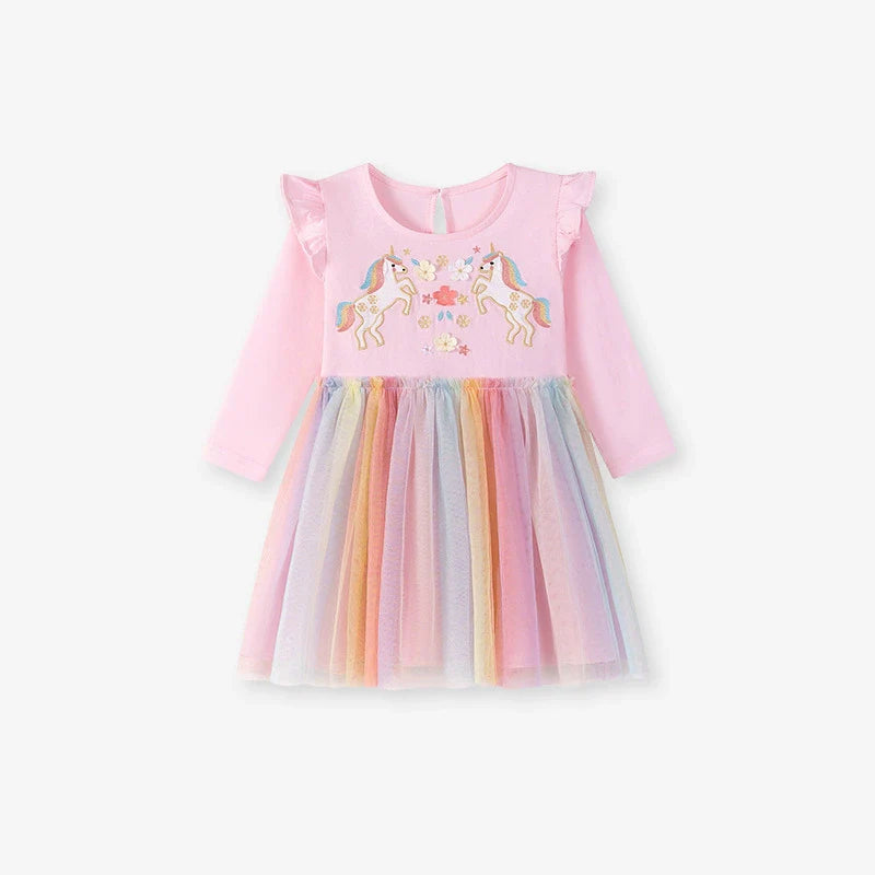 Autumn and Spring Arrival Unicorn Cartoon Pattern Long Sleeves Tulle Patchwork Dress for Stylish Girls-0
