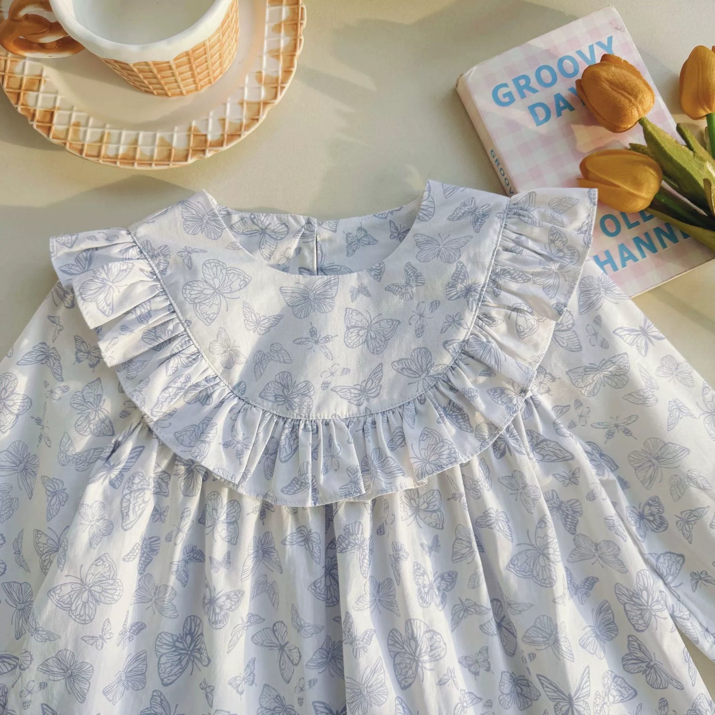 Arrival Autumn Girls Blue Butterfly Pattern Long Sleeves Dress-3