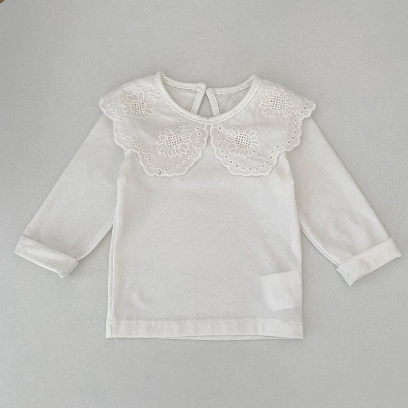 Autumn Arrival Baby Unisex Casual Thin White Long Sleeves Top with Flowers Pattern Collar-1