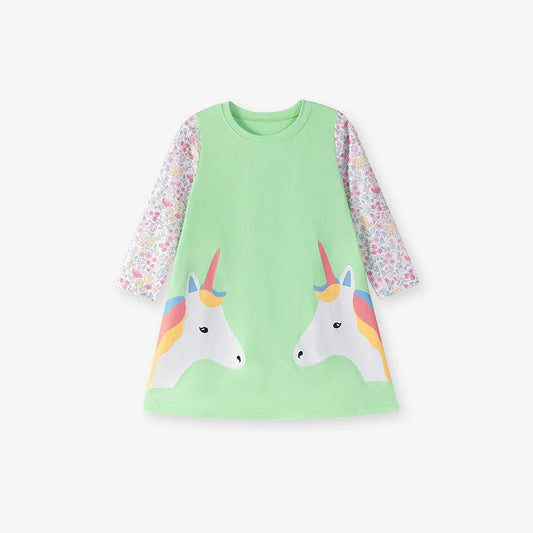 Autumn and Spring Arrival Unicorn and Flowers Pattern Long Sleeves Color Patchwork Dress for Stylish Girls-0