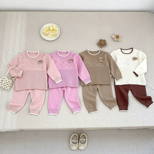 Arrival Autumn Baby Girls Long Sleeves Geometric Pattern Knitted Top Sweater and Long Trousers Clothing Set-0