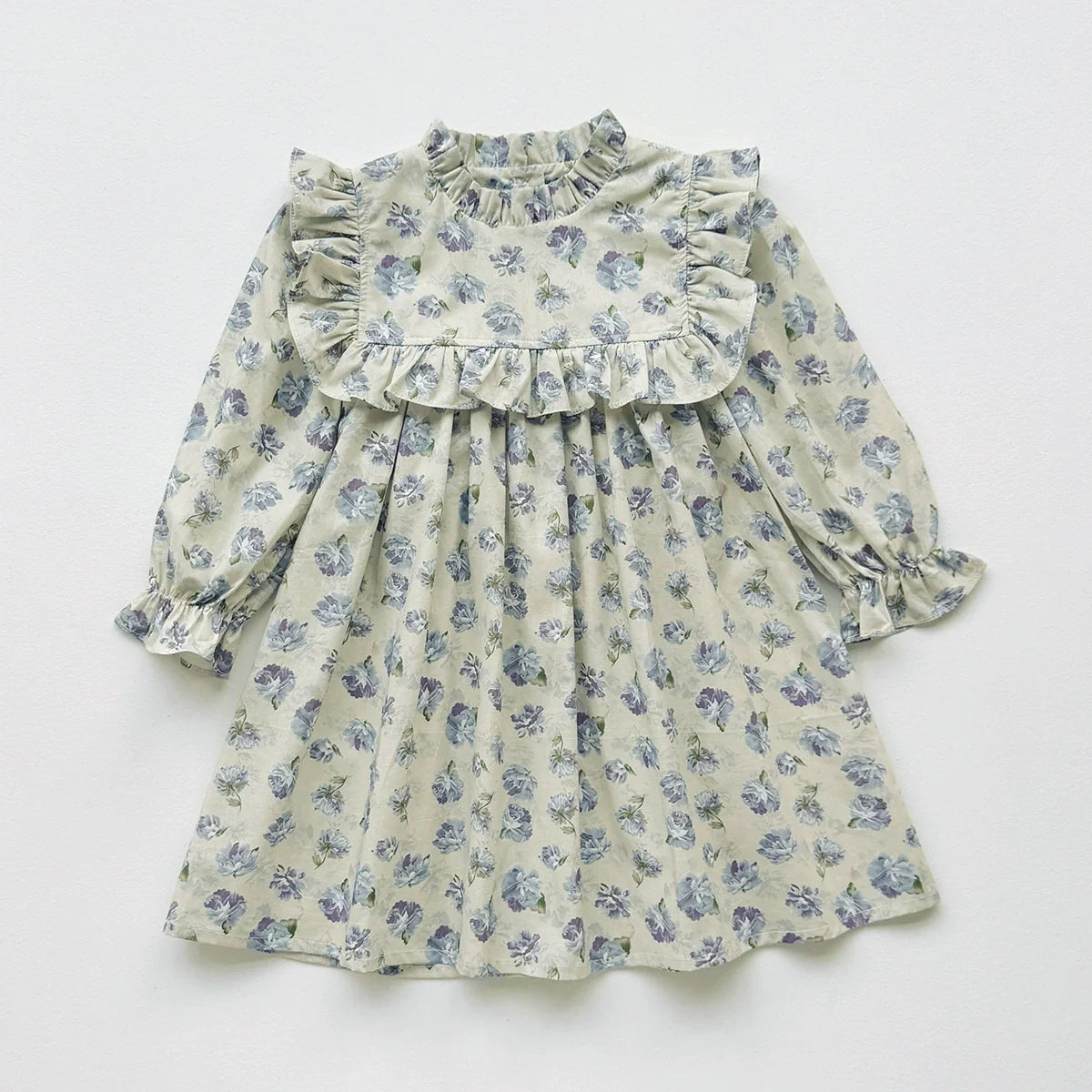 Arrival Autumn Girls Vintage Floral Pattern Long Sleeves Ruffle Neck Dress-1