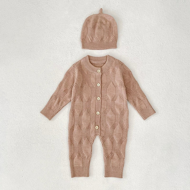 Autumn and Spring Arrival Unisex Baby’s Solid Color Geometric Pattern Knitted Rompers-3