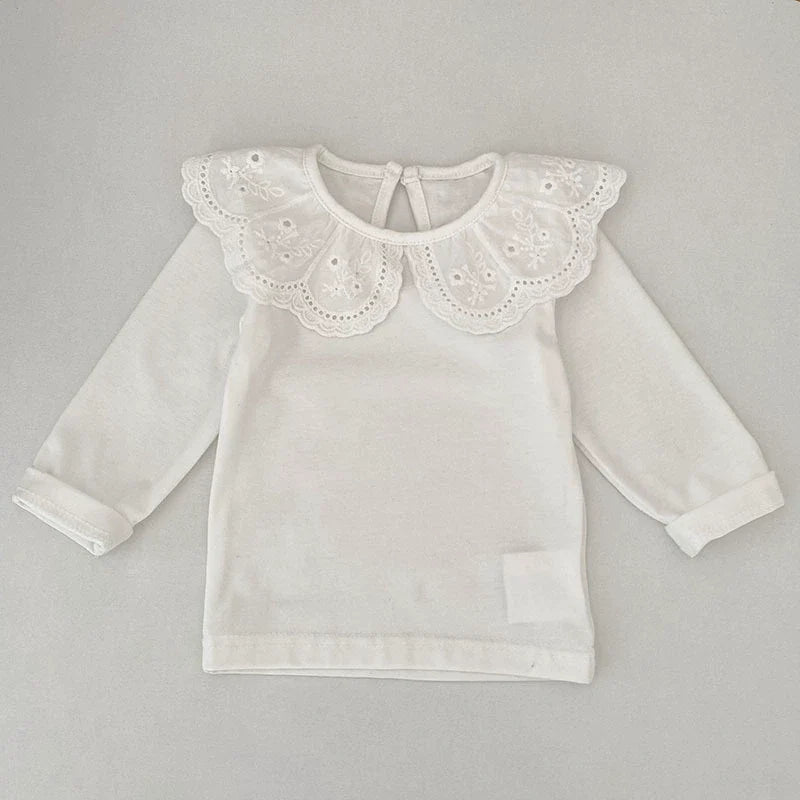 Autumn Arrival Baby Unisex Casual Thin White Long Sleeves Top with Flowers Pattern Collar-2