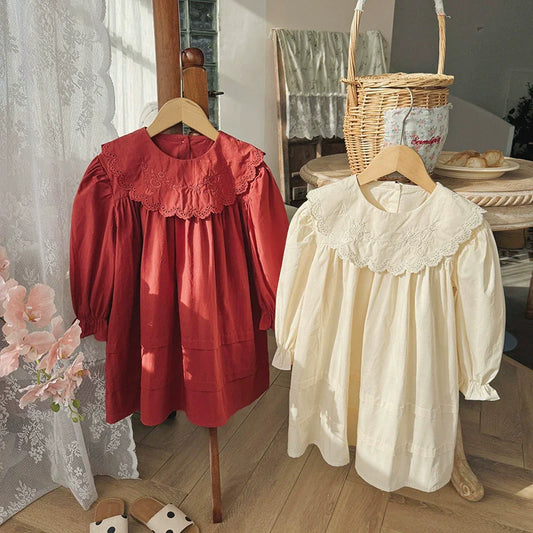 Arrival Autumn Girls Solid Color Flowers Embroidery Pattern Long Sleeves Dress-0