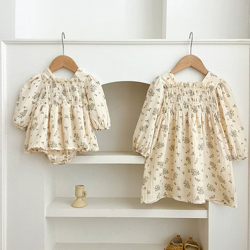 Autumn Baby Girls Flowers Pattern Long-sleeved Square Neck Onesies and Dress – Princess Sister Matching Set-0
