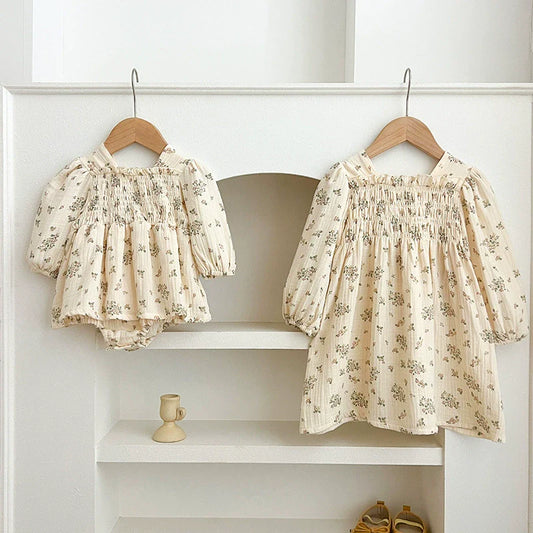 Autumn Baby Girls Flowers Pattern Long-sleeved Square Neck Onesies and Dress – Princess Sister Matching Set-0