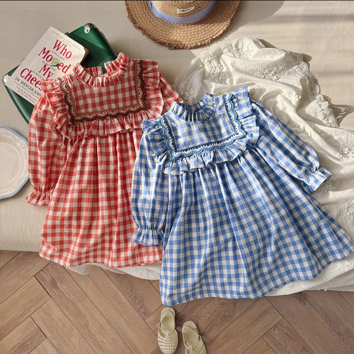 Arrival Autumn Girls Plaid Pattern Long Sleeves Ruffle Neck Dress-0