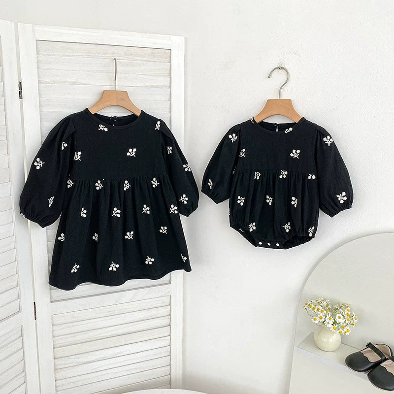 Autumn Baby Girls Floral Embroidery Pattern Long-sleeved Onesies and Dress – Princess Sister Matching Set-0