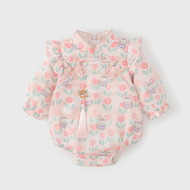 Autumn Arrival Baby Girls Flowers and Rabbits Pattern Long Sleeves Onesies with Stand Collar-0