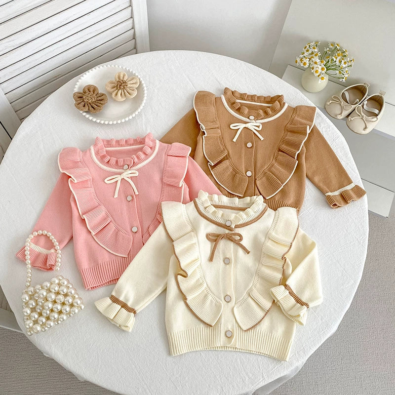 Autumn Arrival Baby Girls Comfortable Butterfly-bow Decorated Knitted Long Sleeves Cardigan-0