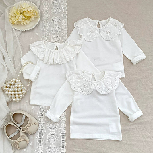 Autumn Arrival Baby Unisex Casual Thin White Long Sleeves Top with Flowers Pattern Collar-0