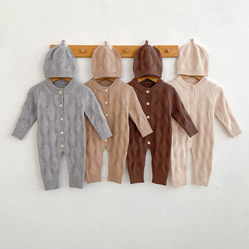 Autumn and Spring Arrival Unisex Baby’s Solid Color Geometric Pattern Knitted Rompers-0