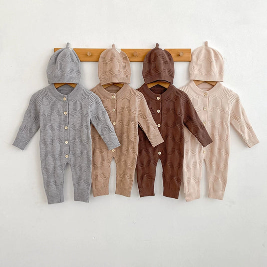 Autumn and Spring Arrival Unisex Baby’s Solid Color Geometric Pattern Knitted Rompers-0