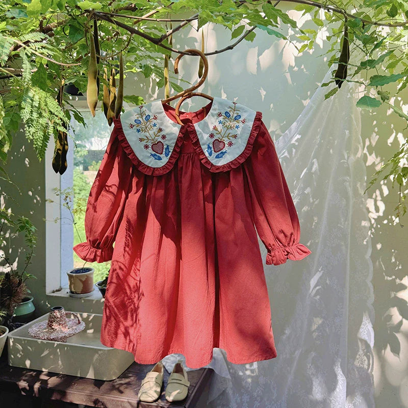Arrival Autumn Girls Vintage Flowers Embroidery Pattern Long Sleeves Dress-0