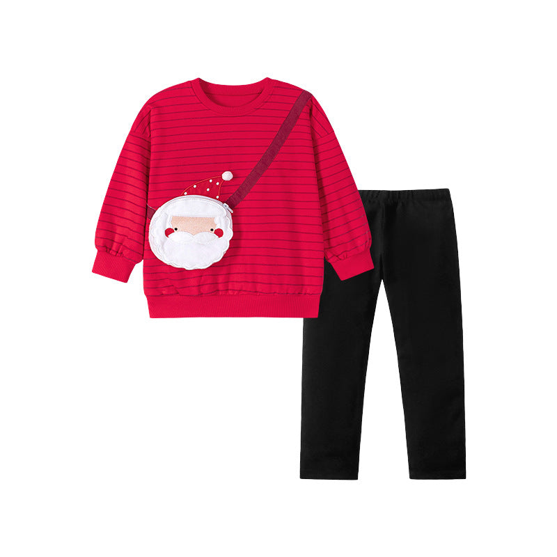 Spring and Autumn Girls Striped and Christmas Cartoon Pattern Long Sleeves Sweatshirt and Pants Clothing Set-0