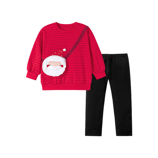 Spring and Autumn Girls Striped and Christmas Cartoon Pattern Long Sleeves Sweatshirt and Pants Clothing Set-0