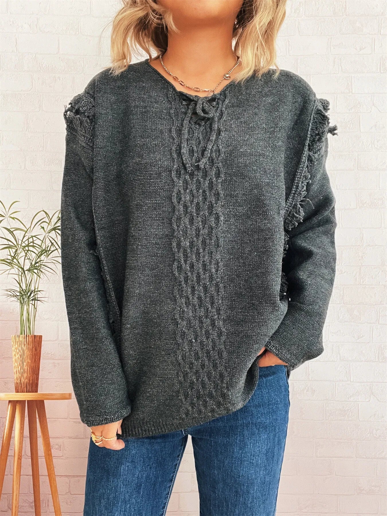 Raw Hem Lace Up Front Sweater - PBNJ FASHIONS