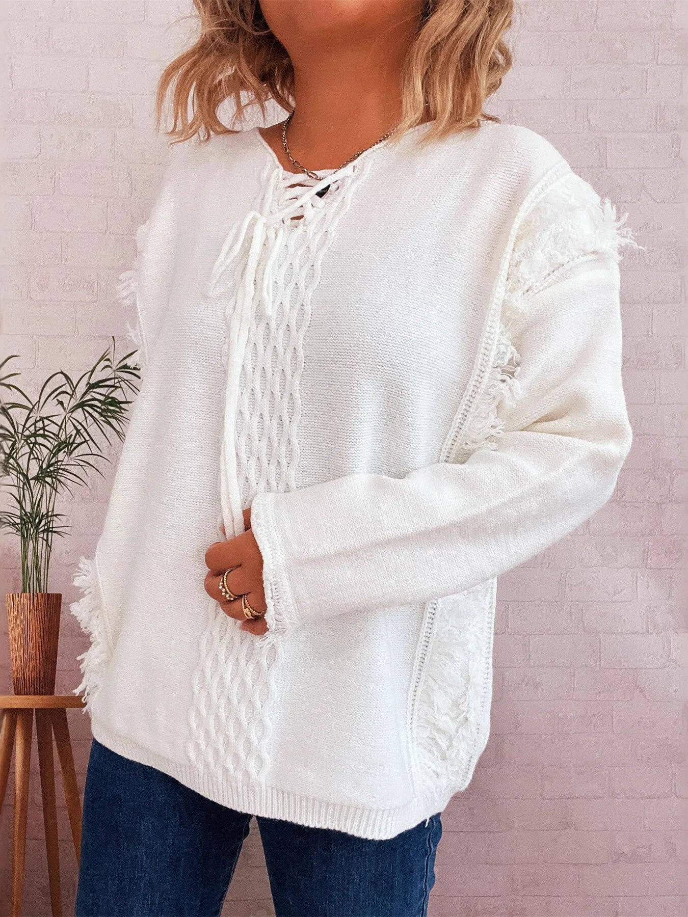 Raw Hem Lace Up Front Sweater - PBNJ FASHIONS