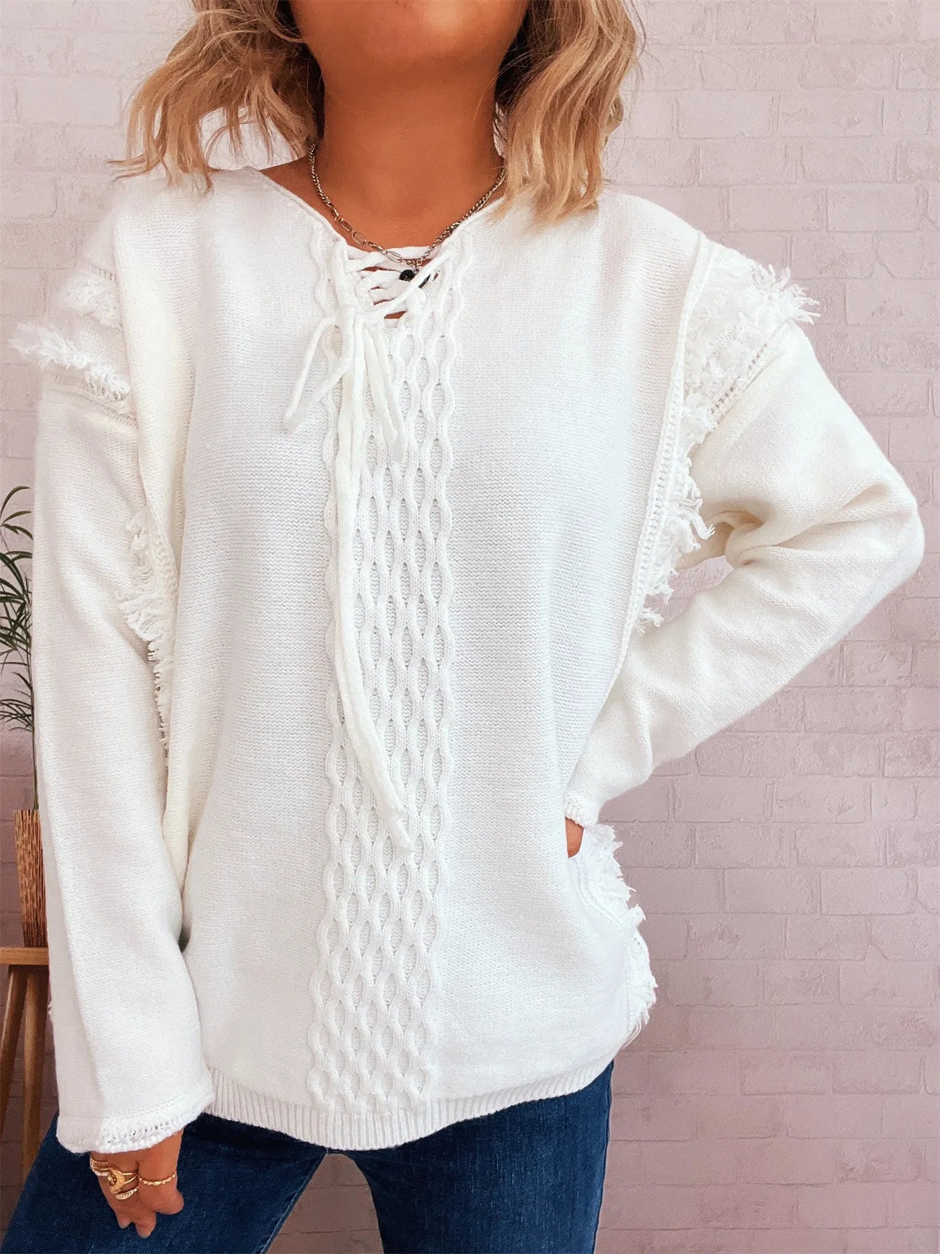 Raw Hem Lace Up Front Sweater - PBNJ FASHIONS