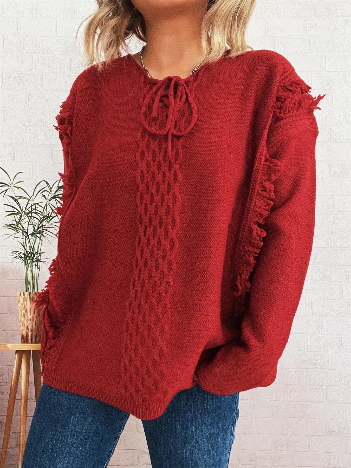 Raw Hem Lace Up Front Sweater - PBNJ FASHIONS