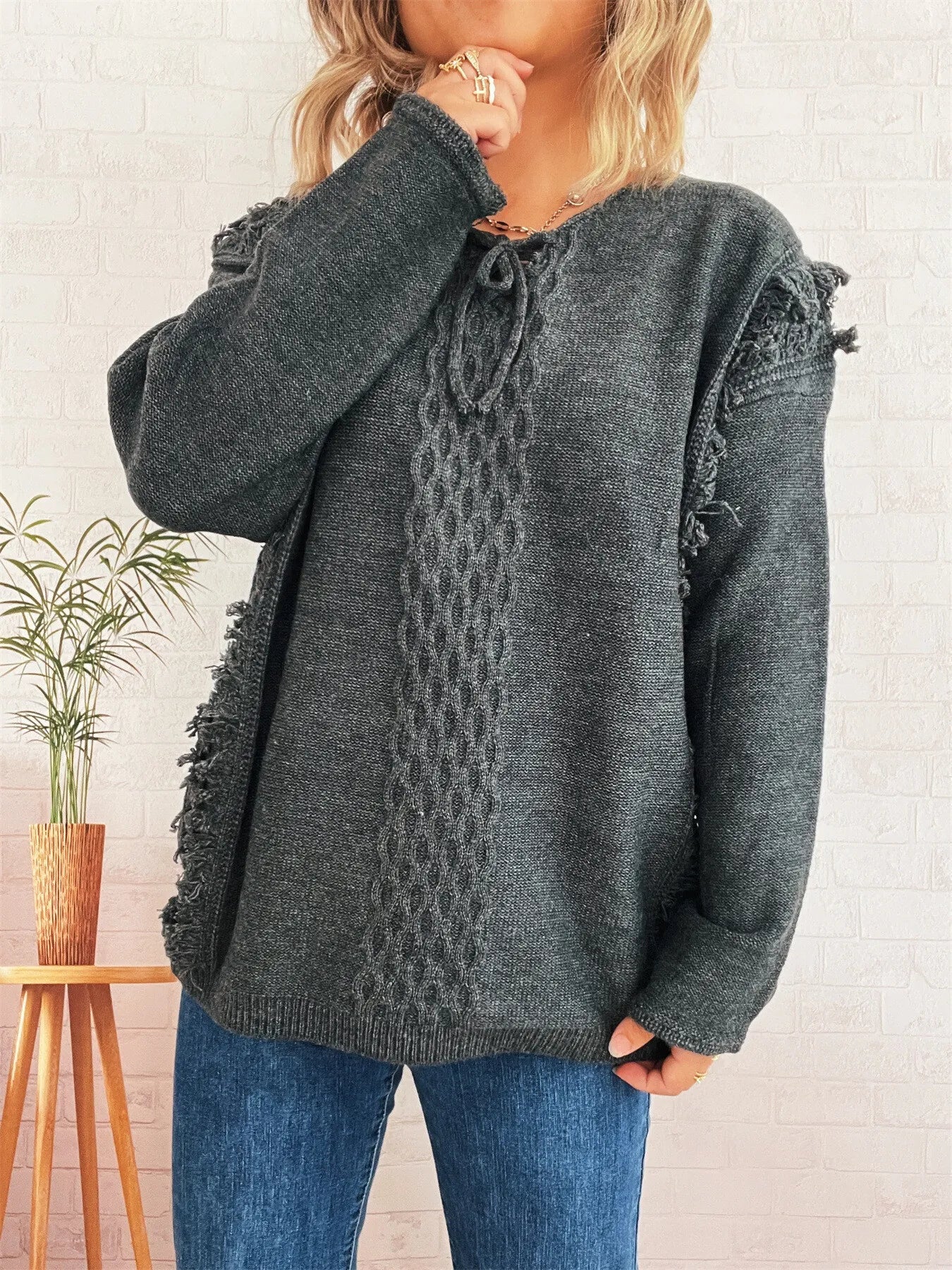 Raw Hem Lace Up Front Sweater - PBNJ FASHIONS